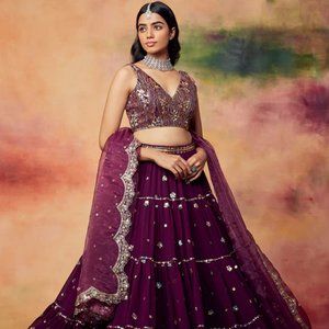 NWT Lashkaraa Deep Purple Embroidered Georgette Lehenga XS